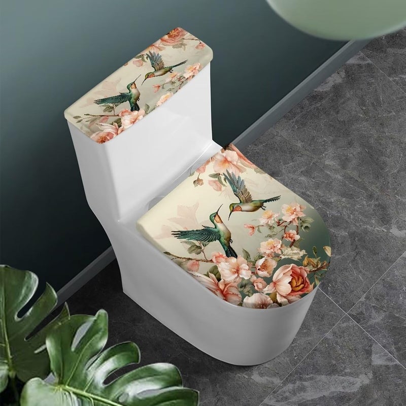 CREAMIC Hummingbird Bathroom Toilet Lid Covers and Tank Cover Set Seat Covers Fits Most Lids for Accessories Decor with Elastic Edge Keep Dust Stain Machine Washable - Image 1